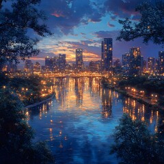 Fototapeta premium Dusk Embraces Austin’s Skyline with Hues of Gold and Blue