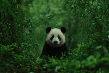 Fototapeta premium A solitary giant panda in a lush green bamboo forest surrounded by dense foliage, capturing the essence of wildlife habitats and nature conservation efforts.