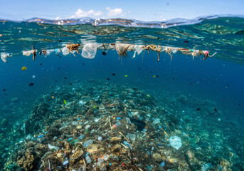 Ocean Pollution Plastic Debris Coral Reef Underwater Scene Environmental Crisis