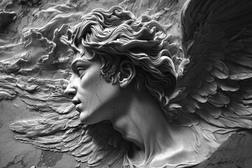 Fototapeta premium Daedalus and Icarus. Ancient Greek and Roman mythology. Marble bas-relief. Horizontal black and white image.