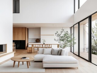 Fototapeta premium Contemporary Japanese villa interior with open mezzanine, seamless indooroutdoor connection, and wabisabi aesthetics