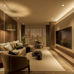 A modern living room features a sofa and two armchairs facing a large wall-mounted television.