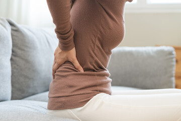 Pain body muscles stiff problem, suffer asian young woman painful back, symptom injury ache from...