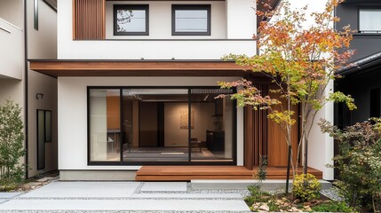 Fototapeta premium Fusionstyle Japanese townhouse with exposed wooden framework, clean lines, and neutral tones