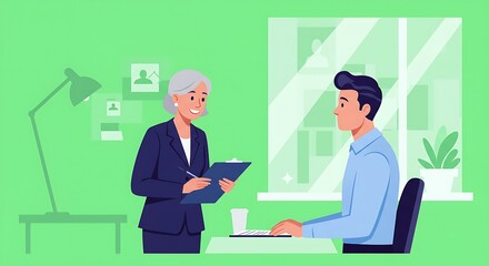 Woman Interviewing Man for Job in Office Setting Illustration