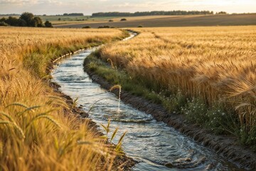 A stream of water irrigates a golden wheat field under a clear blue sky