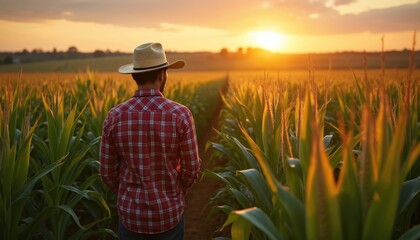 Fototapeta premium Farmer or agronomist at corn field at sunset. Man in plaid shirt and hat walks among corn rows, inspecting crop. Agriculture, farming, harvest concept.