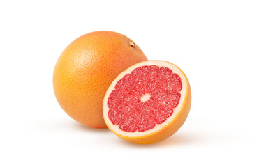 Juicy grapefruit and a half isolated. Halved grapefruit. Grapefruit cut and whole grapefruit.