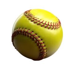 Softball: A studio shot of a bright yellow softball with red stitching. This image is a great illustration of classic softball sport.