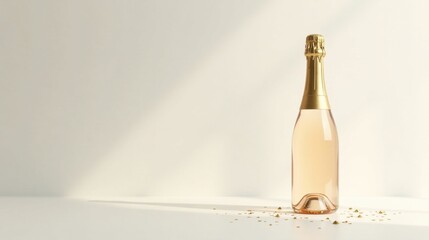A single bottle of sparkling ros? wine rests on a pristine white surface, adorned with scattered golden confetti, bathed in soft, natural light.