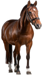 Fototapeta premium Majestic Brown Horse: A striking brown horse, with a glossy coat and focused gaze, stands proudly, showcasing its beauty and strength.