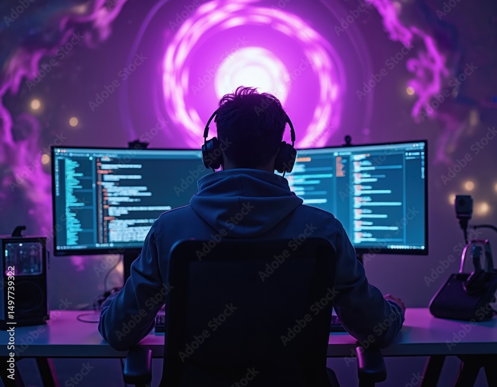 Poster programmer works on dual monitors. futuristic environment with neon purple lighting. person codes in