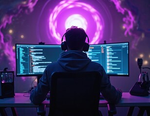 Programmer works on dual monitors. Futuristic environment with neon purple lighting. Person codes in front of computer screen with headphones. Represents tech innovation and cyber future.