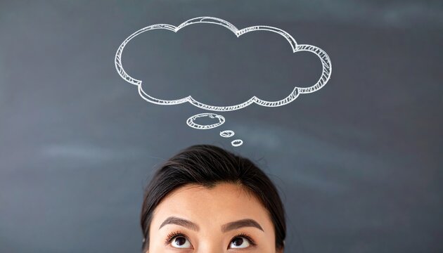 A woman with a chalk-drawn thought bubble above her head representing imagination, planning, or creative thinking