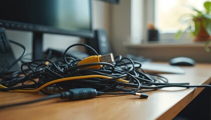 Tangled computer cables and cords on desk. USB, power, audio connectors create a tech mess, highlighting workspace disorganization. IT hardware chaos problem. Cable management issue.