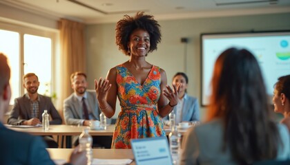 Smiling black businesswoman leads meeting conference room. African american female speaker presents corporate training. Diverse business team, colleagues, staff, discussing project. Modern office