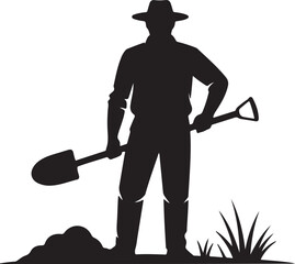 Silhouette Of Farmer With Shovel In Field For Agriculture Or Construction Theme.