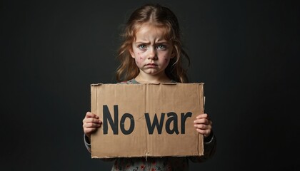 Upset toddler girl protests war conflict. Dirty face, holds banner message No war. Child against war. Refugee, crisis, peace, stop aggression, child protest.