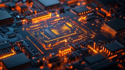 High-tech close-up of a circuit board with glowing orange pathways.