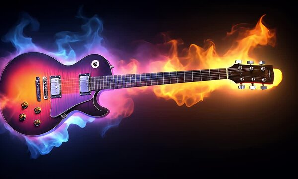 Electric guitar with vibrant flames, blue and orange on black background