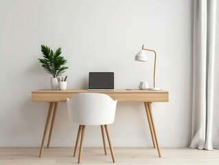 Modern Mujistyle bedroom with a floating wooden desk, soft linen curtains, and natural decor elements