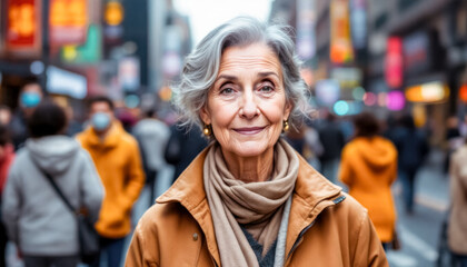 Elderly caucasian woman in urban street with crowd and colorful background