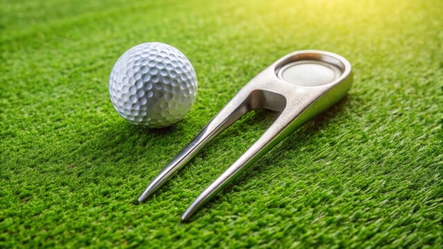 A gleaming metal golf ball marker and divot tool rests on a vibrant green putting surface, ready for the next shot