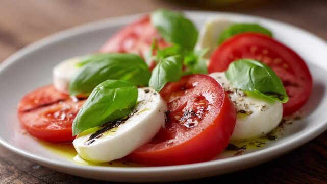 A plate of fresh Caprese salad with tomatoes, mozzarella and basil. 