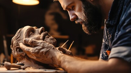 Bearded artist sculpts clay head, skillfully crafting a detailed sculpture.