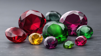 A colorful collection of faceted gemstones including red, green, purple, and yellow colors is displayed on a gray surface showing their clarity and brilliance.