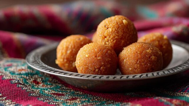 A delicious Laddu arranged elegantly on a plate.