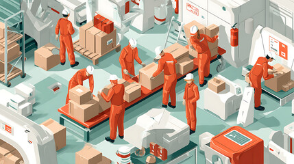 Warehouse Workers Organizing Packages in Busy Distribution Center