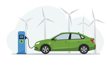 Electric Car Charging at Station with Wind Turbines - Sustainable Energy Concept