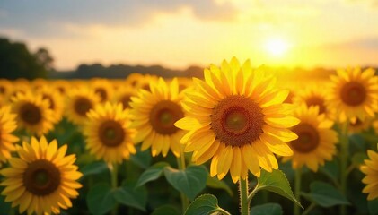 Fototapeta premium Golden hour sunlight illuminates a vibrant, sun-drenched field of sunflowers, swaying gently in a warm breeze, evoking a feeling of pure, joyful bliss and summery contentment , tranquility, rural