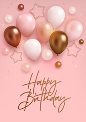Vector birthday elegant greeting card, banner or party invitation with realistic 3d golden, pink and white balloons and falling confetti on pink background. Vector illustration