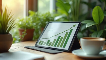 Tablet shows sustainable investing trend chart. Upward green arrow shows market growth, financial success. Cup of coffee, green plants create business-friendly eco-friendly atmosphere. Technology,