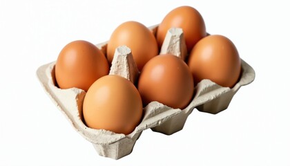 Fresh eggs in cardboard box. Healthy breakfast food. Brown eggshells, raw protein, natural ingredients. Cooking, eating, market display. Farm product. Freshness, organic. Isolated on white background.