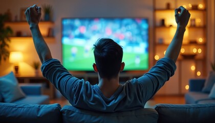 Man watches football match home living room. Guy celebrates goal victory supporting favorite team. Person enjoys leisure time entertainment. Emotionally cheering fans at TV screen.