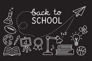PrintBack to school Sale horizontal banner, doodle background, vector illustration.