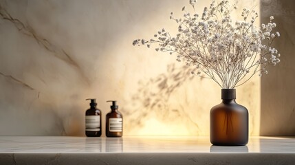 Aromatherapy diffuser releasing mist on serene marble counter.