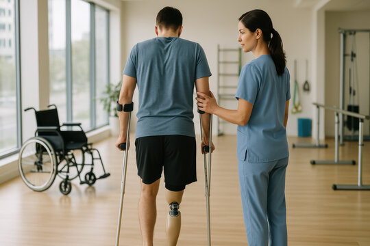 Physical therapist assists man with prosthetic leg during rehabilitation session using crutches in bright clinic