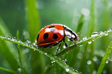 Fototapeta premium Ladybug Walking on o Fresh Leaf stock photo