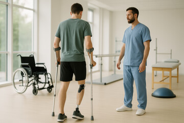 Male therapist monitors patient with prosthetic leg walking with crutches during rehabilitation training in clinic