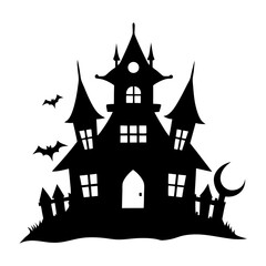 Silhouette of haunted house with bats and crescent