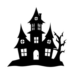 Silhouette of a spooky haunted house with dead tree