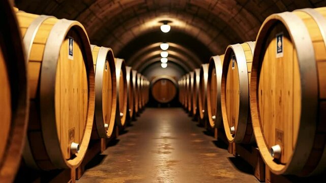 Wooden barrels in arched wine cellar with warm ambient lighting