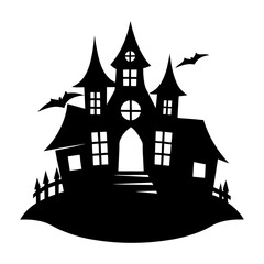 Silhouette of a spooky haunted house with bats flying