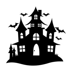 Silhouette of a spooky haunted house with bats flying