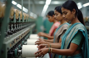 Indian female workers in saris operate machinery. Women work in textile factory producing spools. Modern industry, production line. Focus on skilled craftswomen, teamwork, collaboration. Delhi, India.
