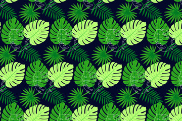 Seamless repeating pattern of green tropical leaves on dark background.